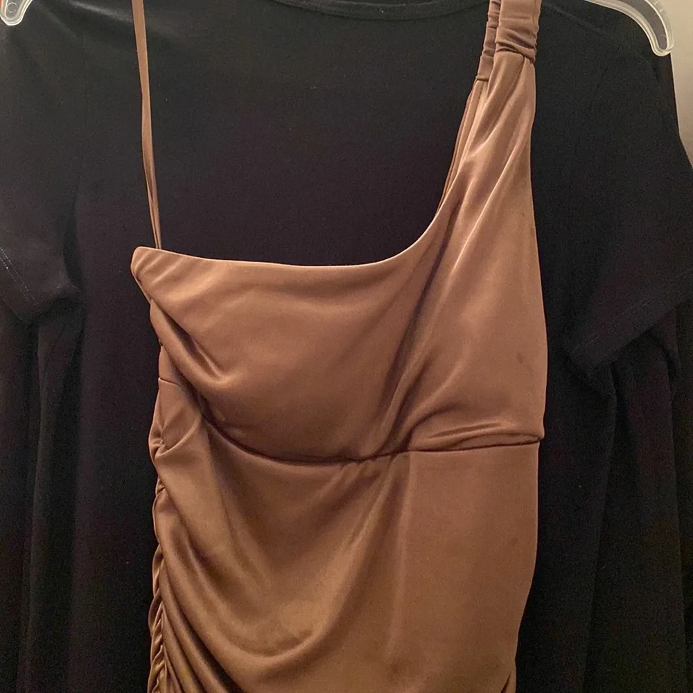 Poly 👗One Shoulder  Brown Copper Color Dress - Picture 3 of 8